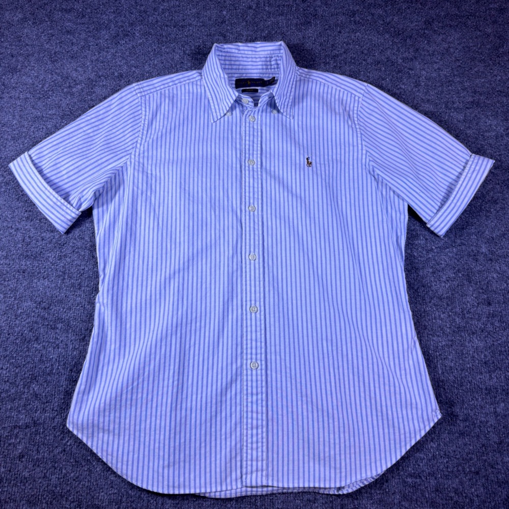 Ralph Lauren Slim Fit Blue White Striped Short Sleeve Cuffed Shirt Large